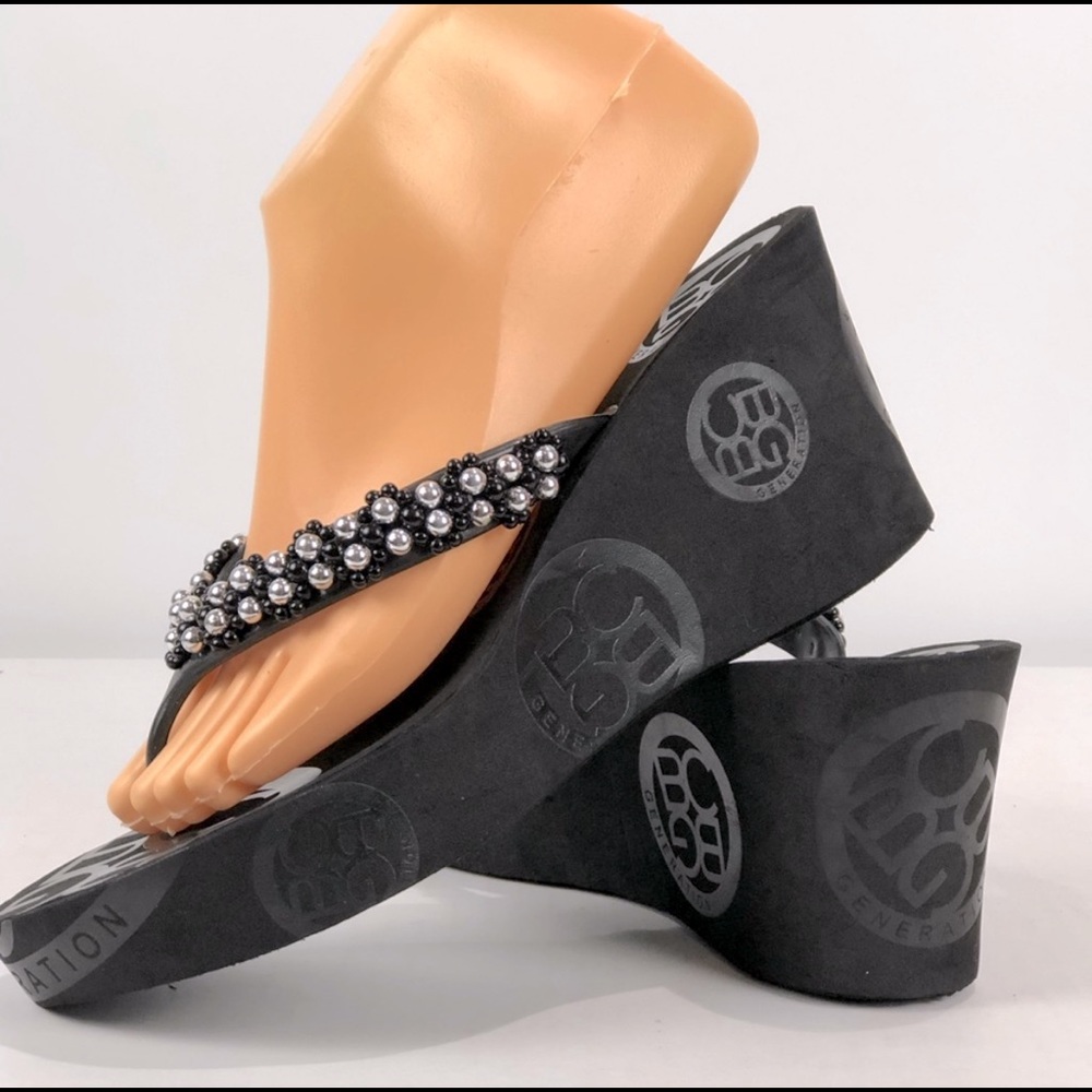 BCBG wedge sandals w/silver & black beads